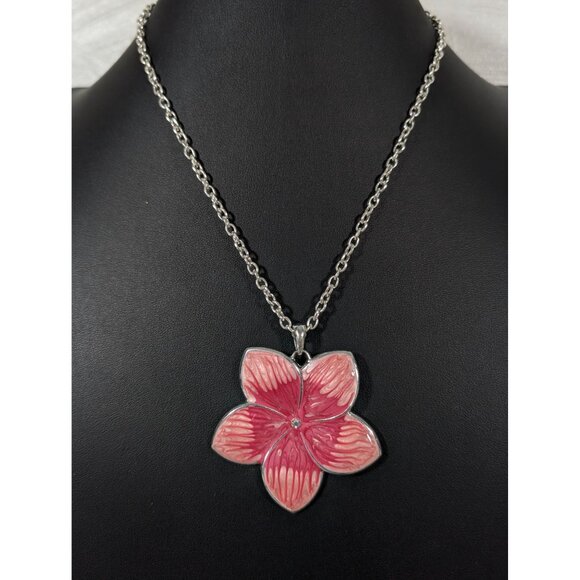 KC Kenneth Cole Pink Enamel Flower Crystal Pendant Necklace Silver Tone 19" - Picture 2 of 9